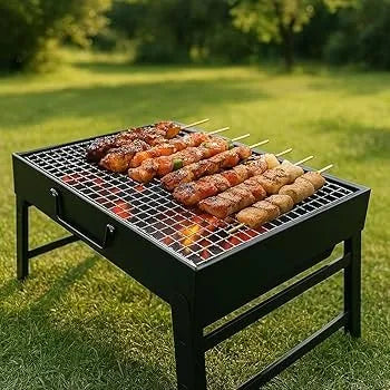 Portable BBQ Charcoal Grill Foldable Stainless Steel Barbecue Grill – Heavy Duty Mini BBQ Stand for Picnic Beach Hiking – Compact Easy Carry Kabab Grill for Bakra Eid