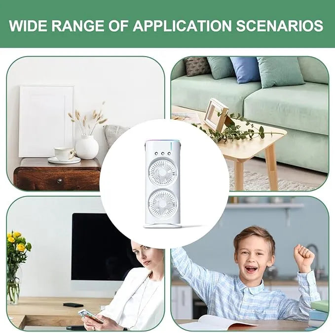 Double Head Mist Mini Fan with LED | Humidifier | USB Air Cooler